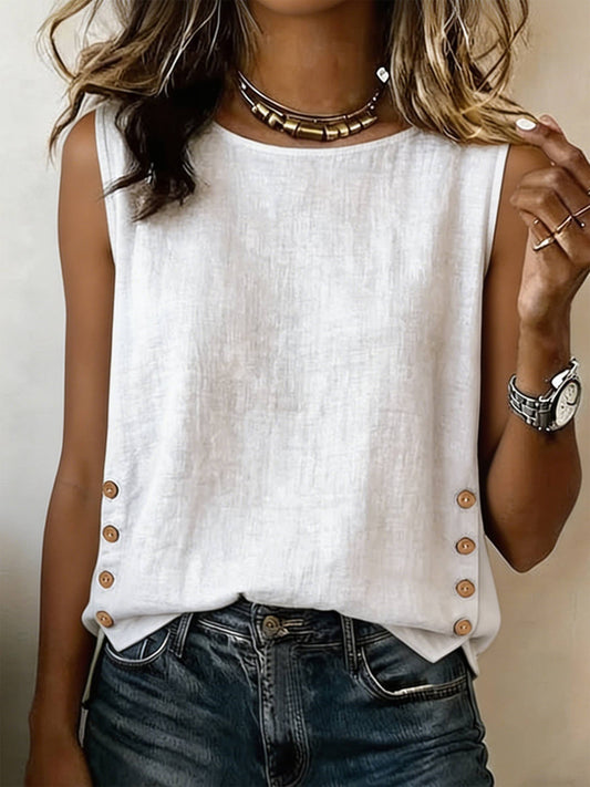 Loose Button Solid Crew Neck Cotton Linen Top