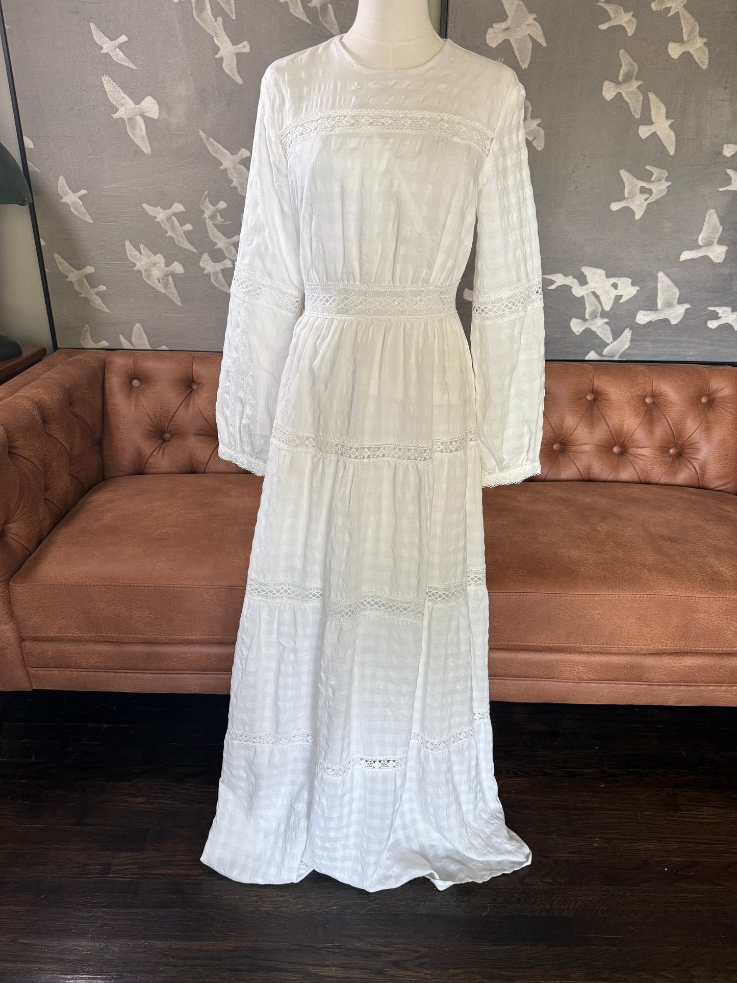 White long sleeved lace trim dress