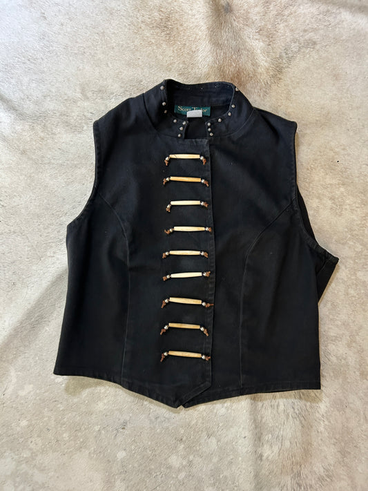 Black jean vest with bone bead detail