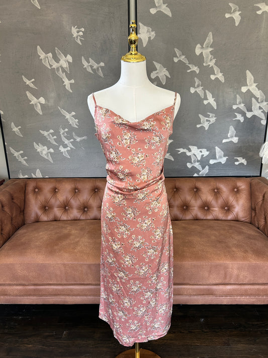 Pink floral draped neckline dress
