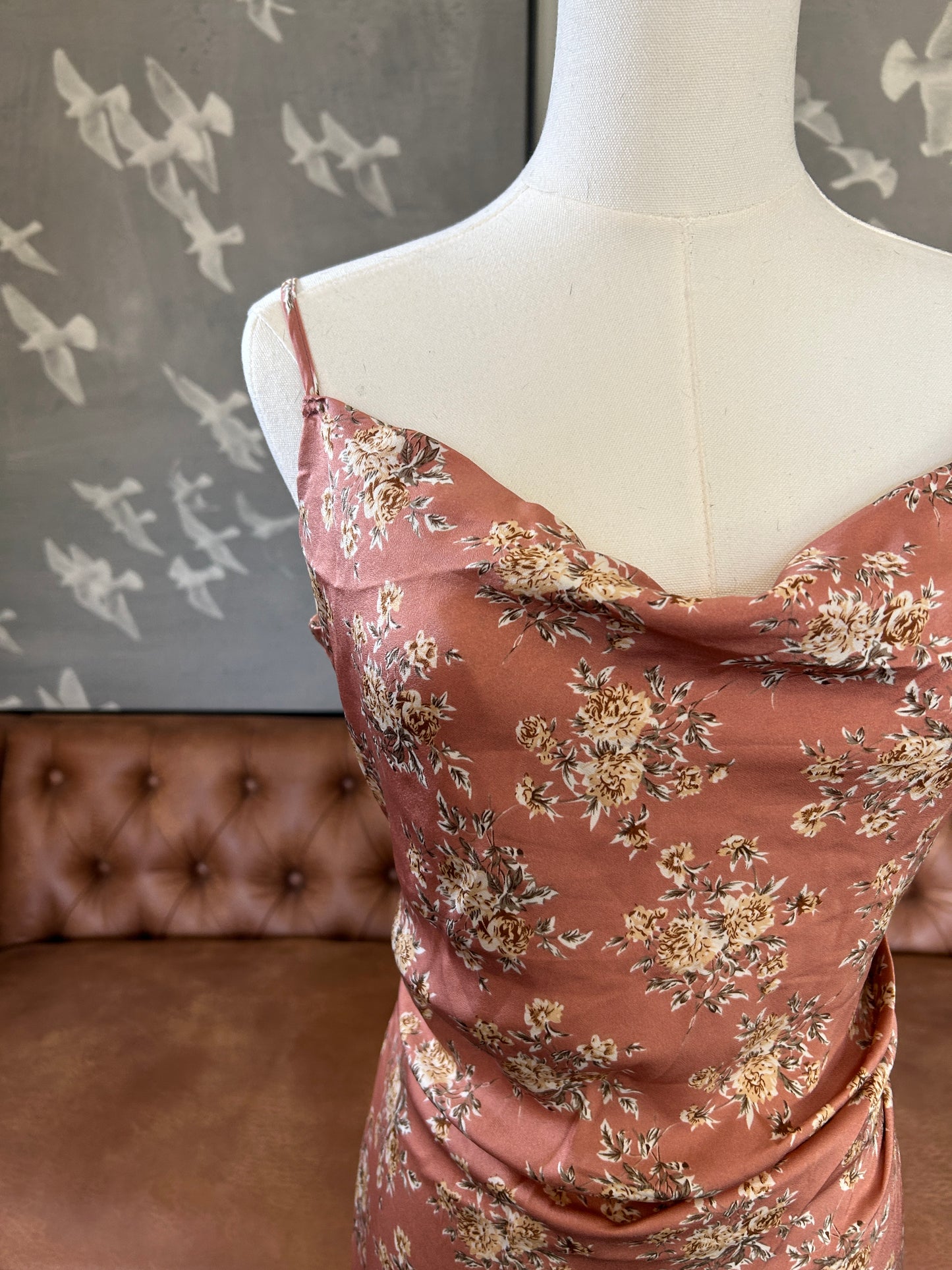 Pink floral draped neckline dress