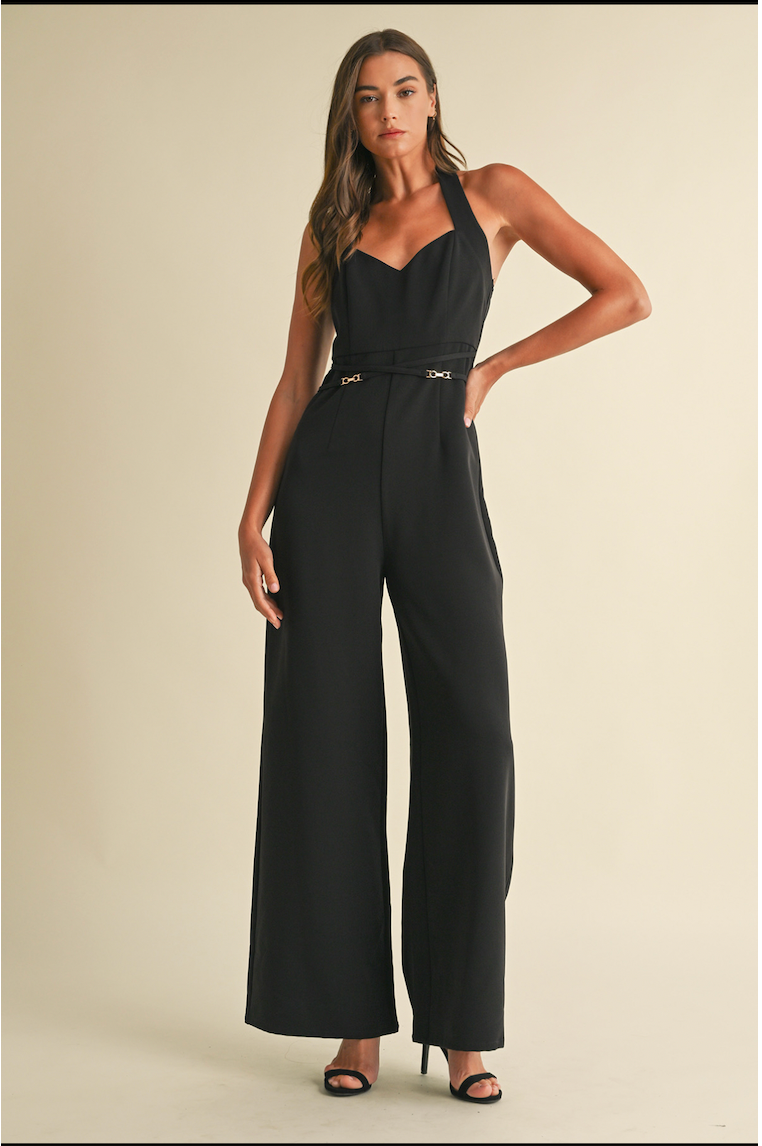 Belted Wide Leg Black Jumpsuit