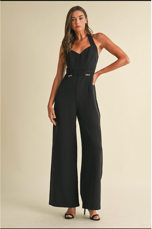 Belted Wide Leg Black Jumpsuit