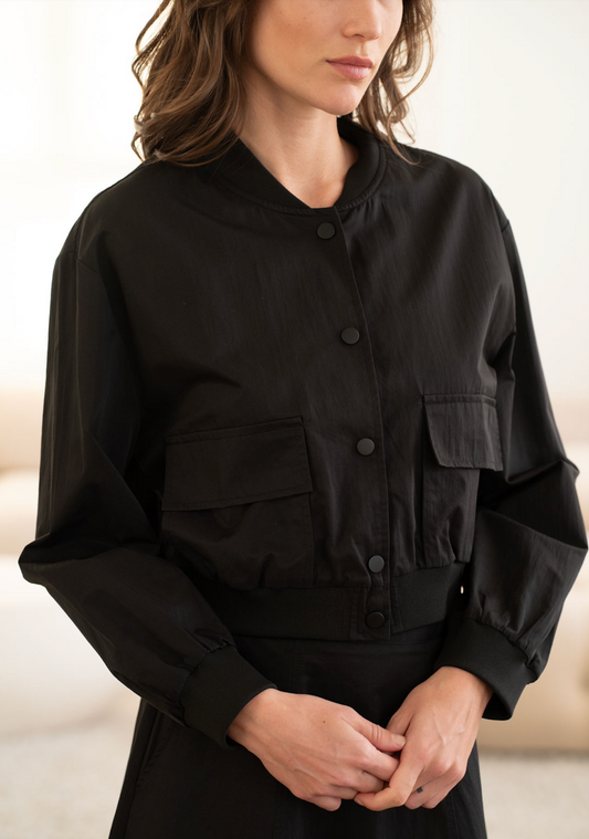Jet Black Cropped Bomber Jacket