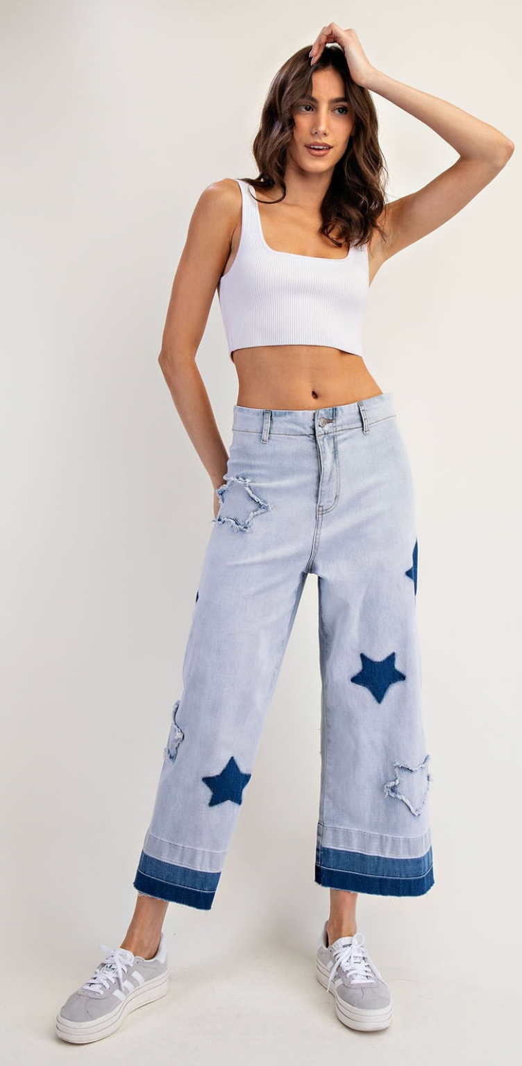 Mineral Washed Frayed Star Patch Jeans