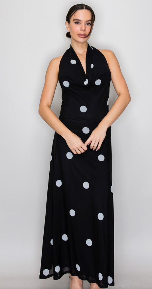 Drape Polka Dot Halter Dress