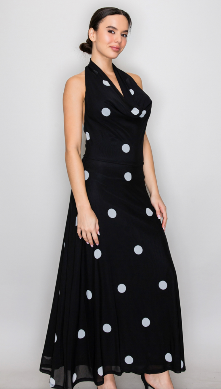 Drape Polka Dot Halter Dress