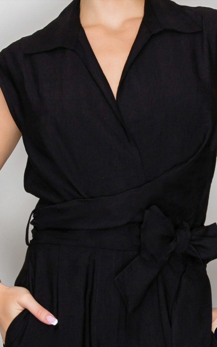 Wrapped Self-Tie Belt Collar Jumpsuit