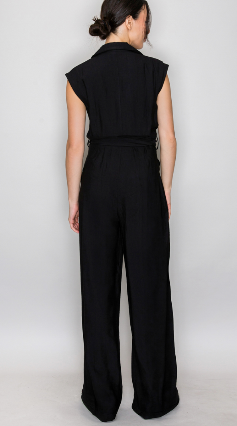 Wrapped Self-Tie Belt Collar Jumpsuit