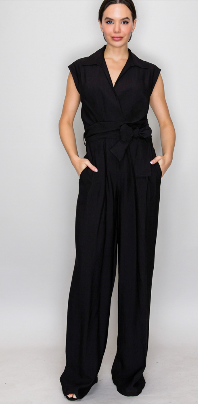 Wrapped Self-Tie Belt Collar Jumpsuit