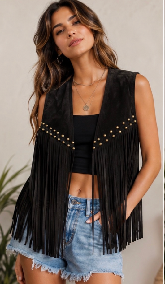 Black Faux Suede Western Fringe Vest with Gold Studs