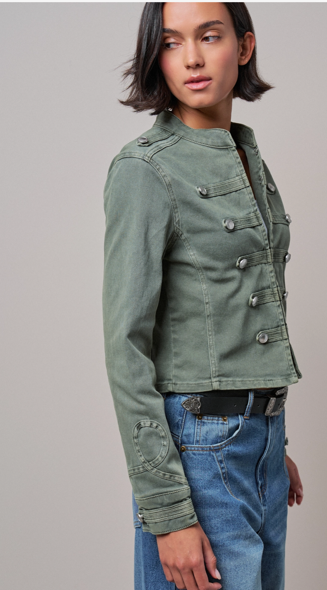 Silver Button Pintuck Cropped Military Jacket