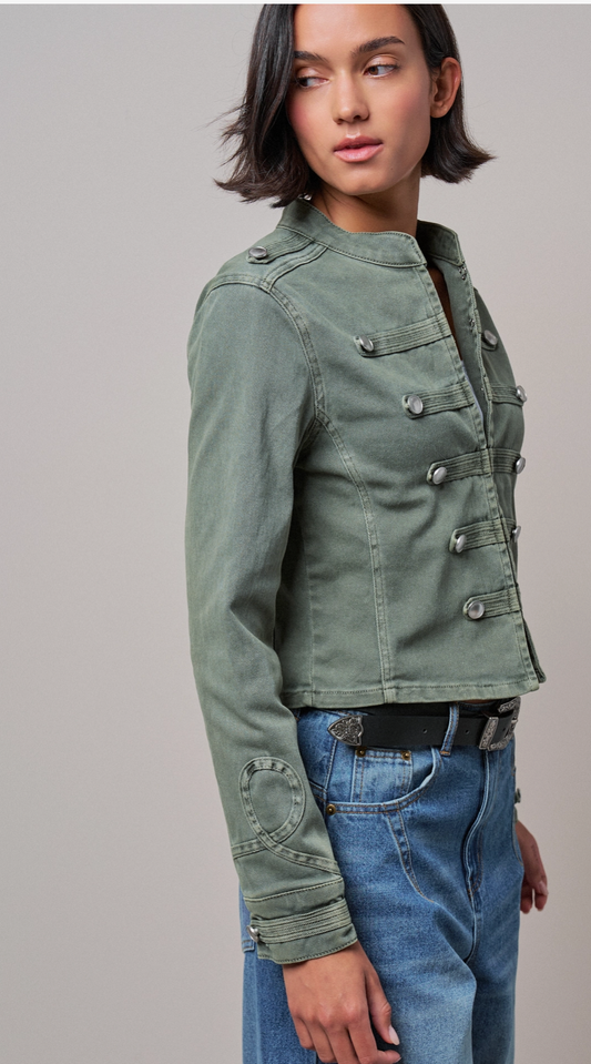 Silver Button Pintuck Cropped Military Jacket
