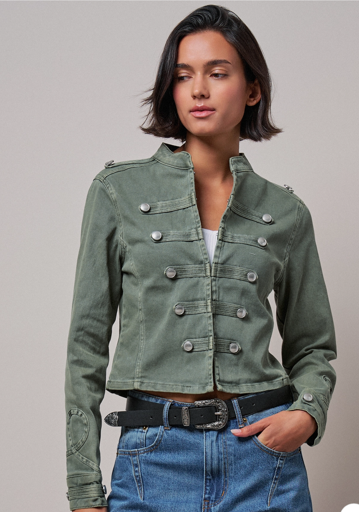 Silver Button Pintuck Cropped Military Jacket