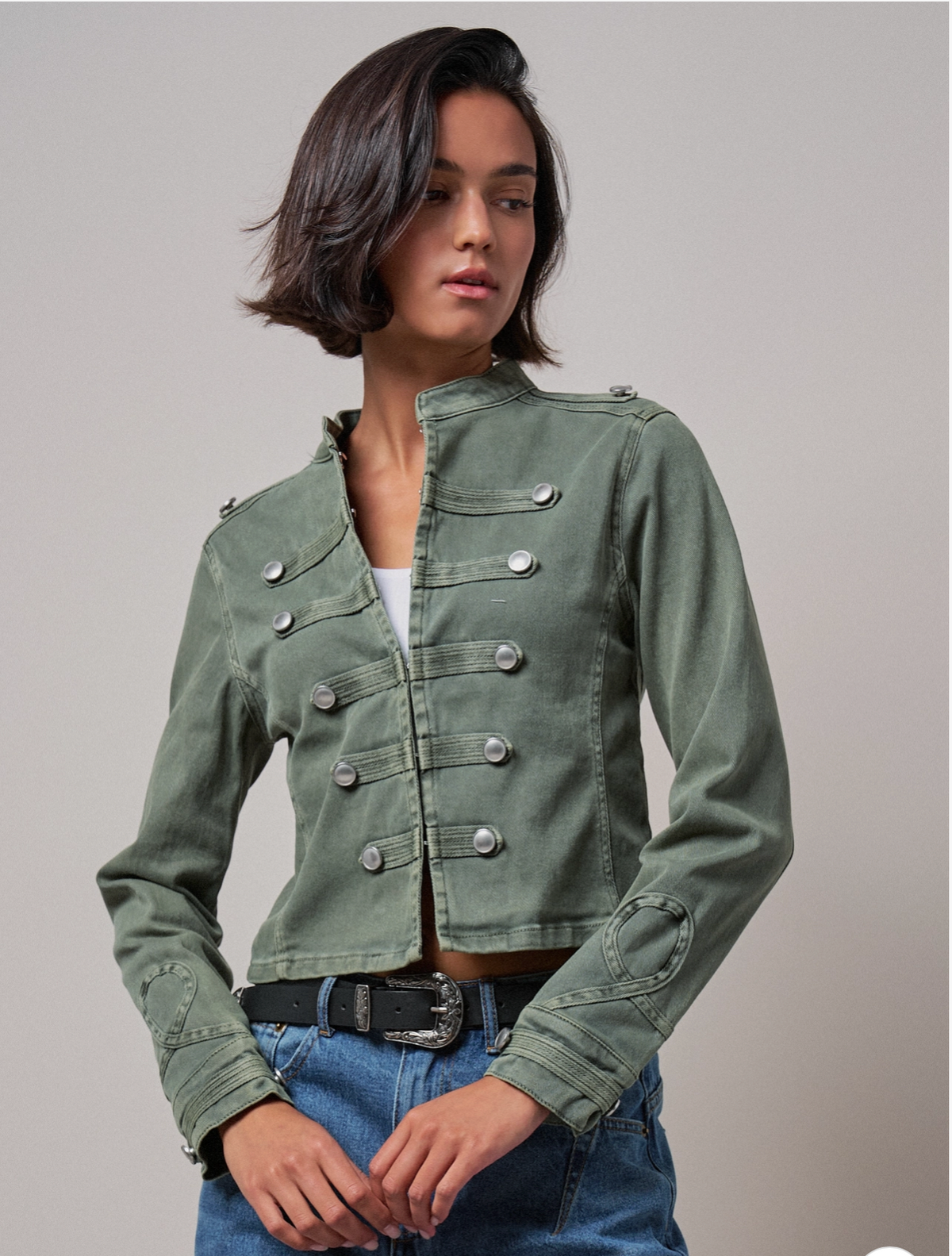 Silver Button Pintuck Cropped Military Jacket