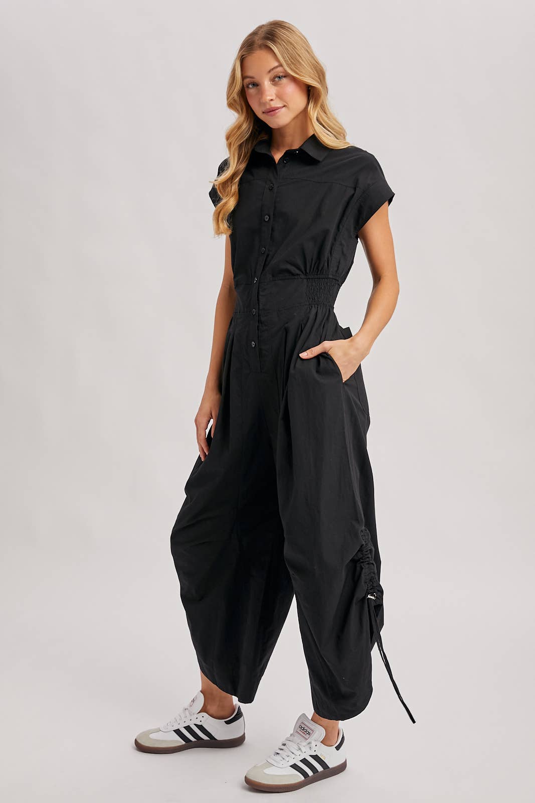 BUTTON DOWN UTILITY SHIRTING JUMPSUIT