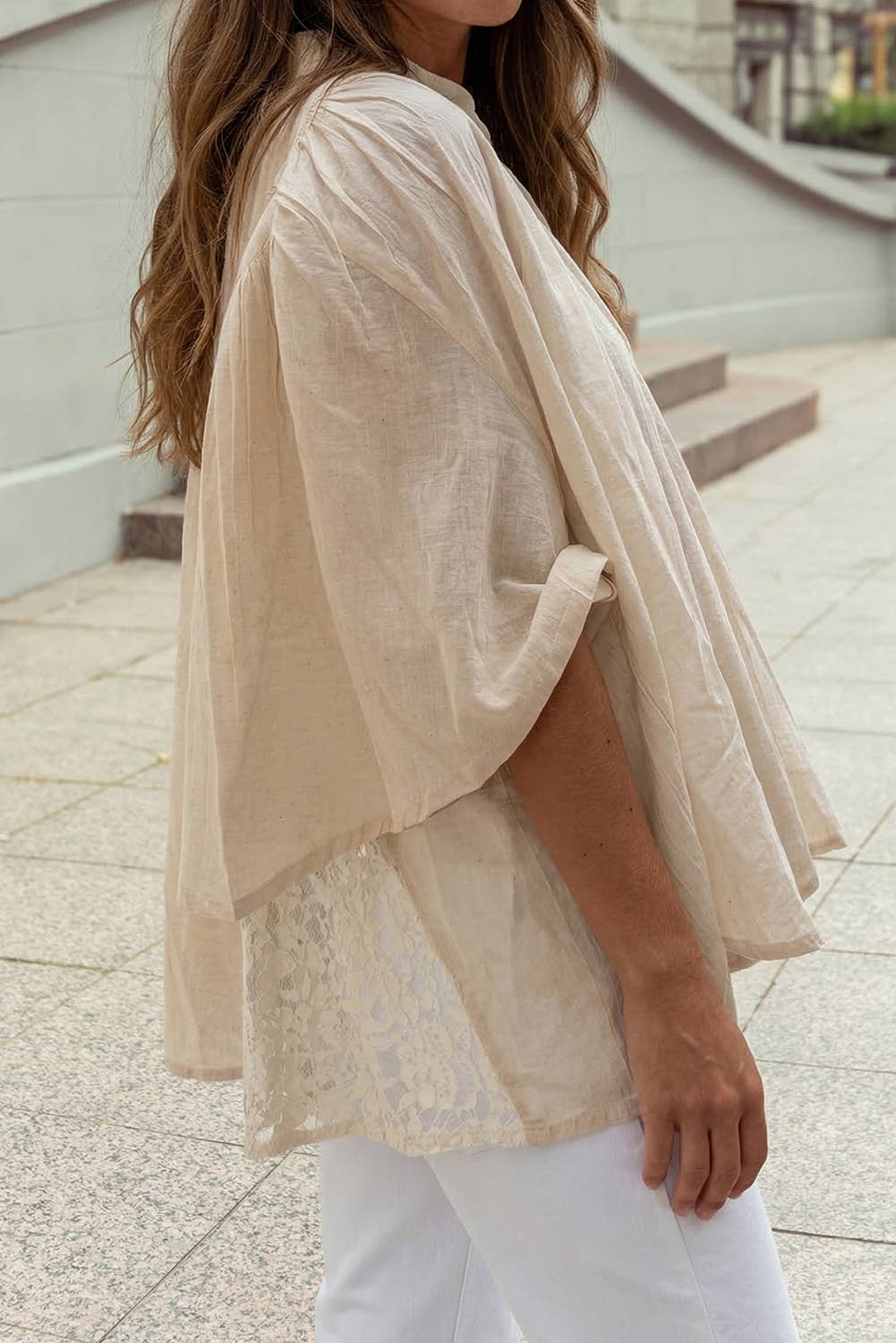 Boho Lace Patchwork Button Down V Neck Blouse