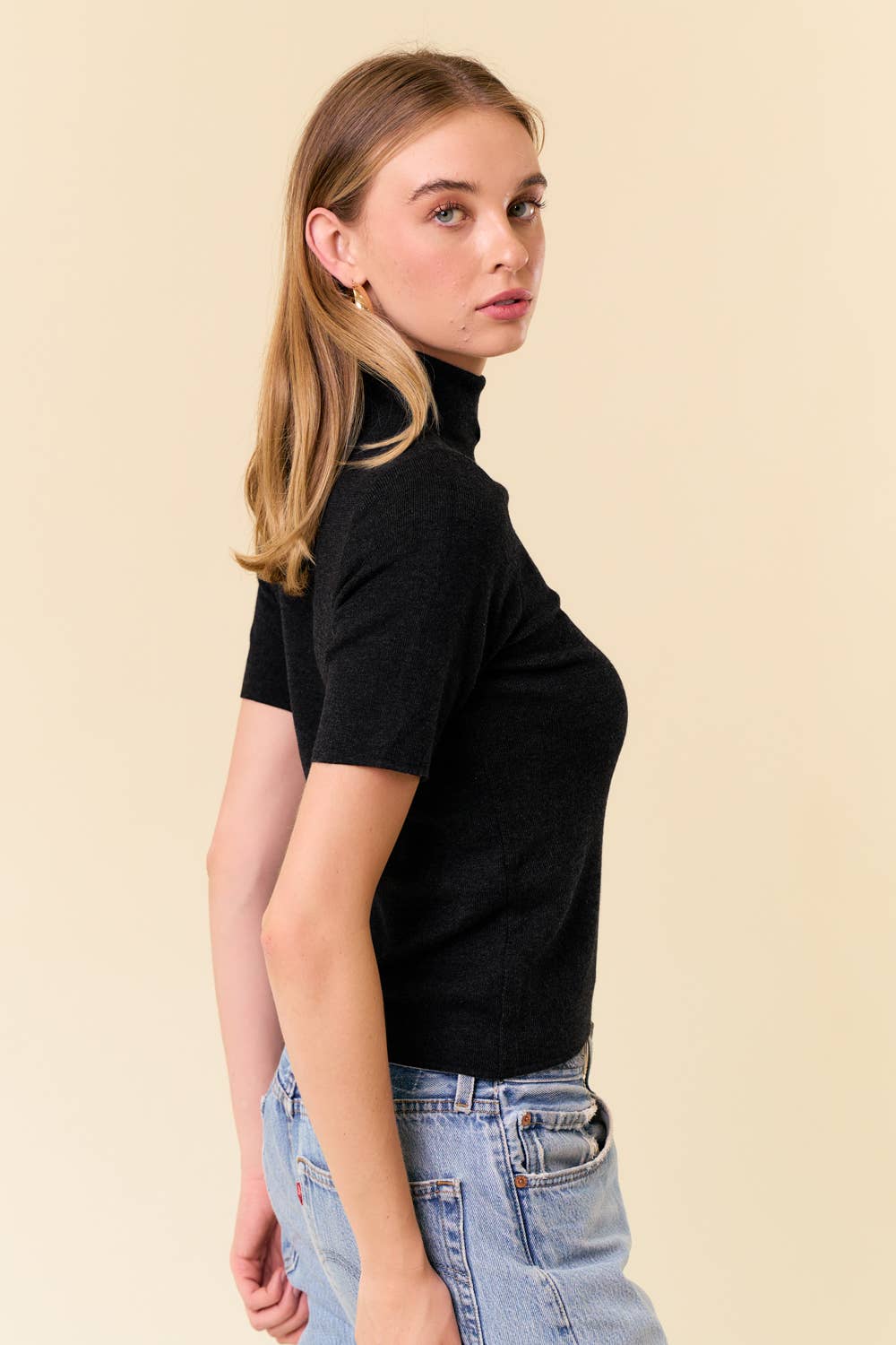 MOCK NECK HALF SLEEVE BASIC SWEATER TOP
