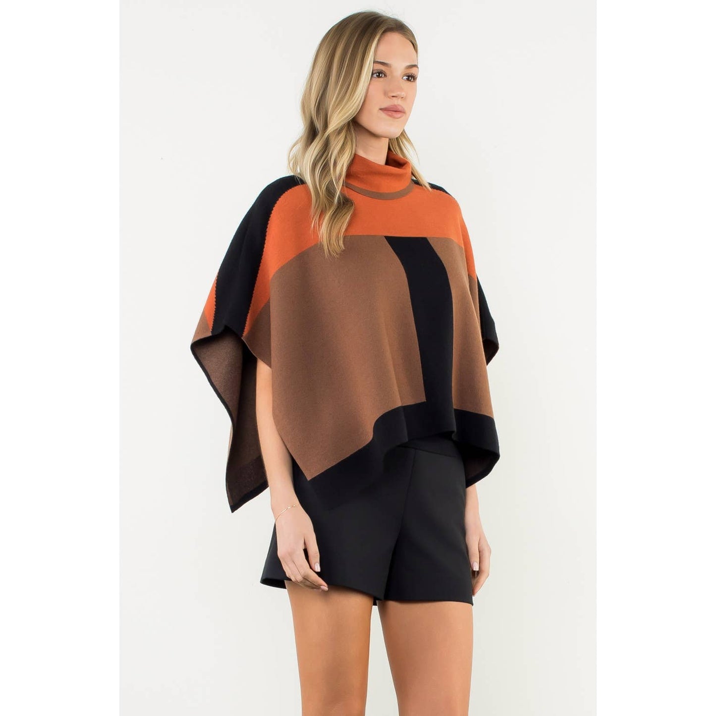 Colorblock Turtleneck Knit Poncho