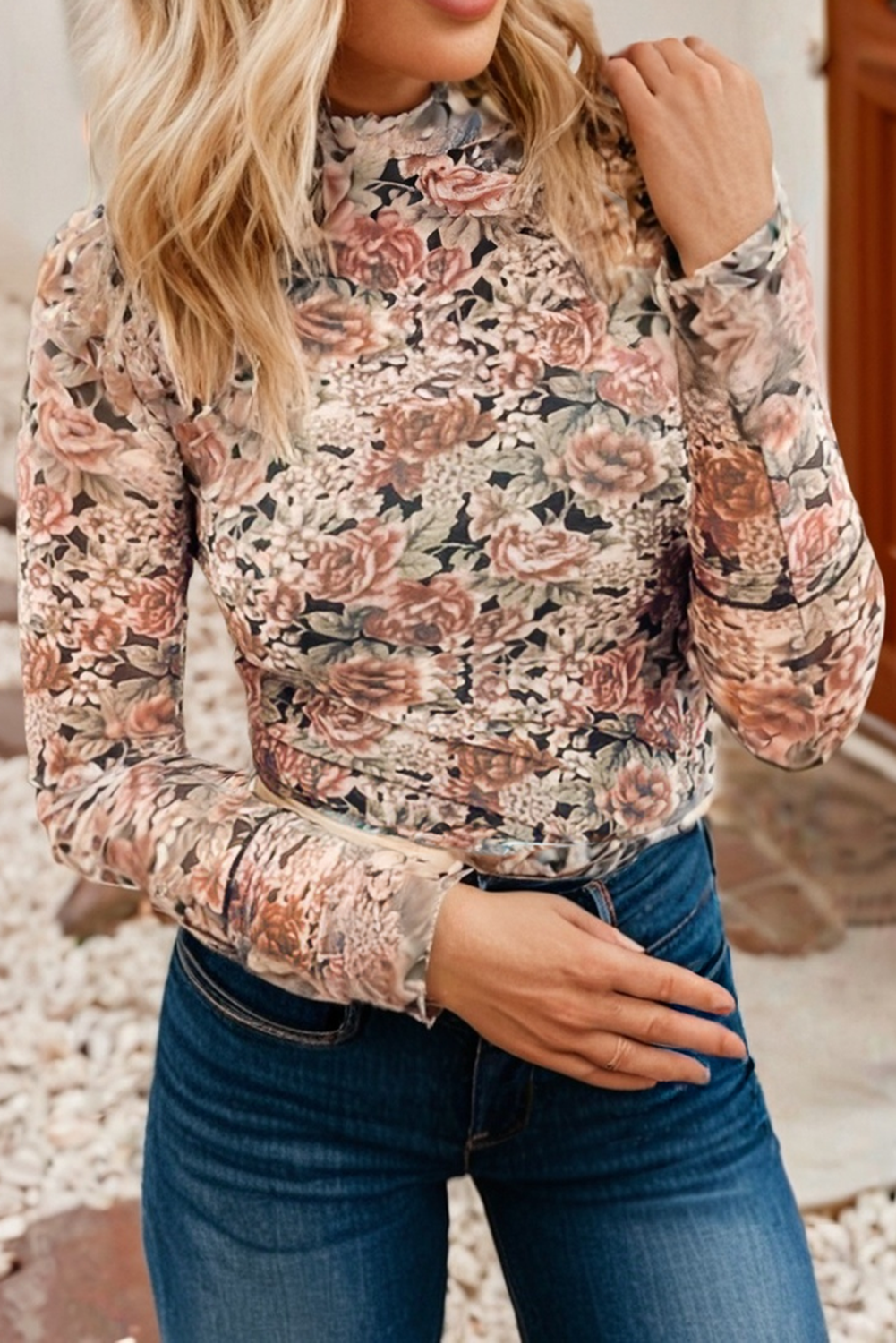 Retro Floral Mock Neck Mesh Long Sleeve Top| S-4X