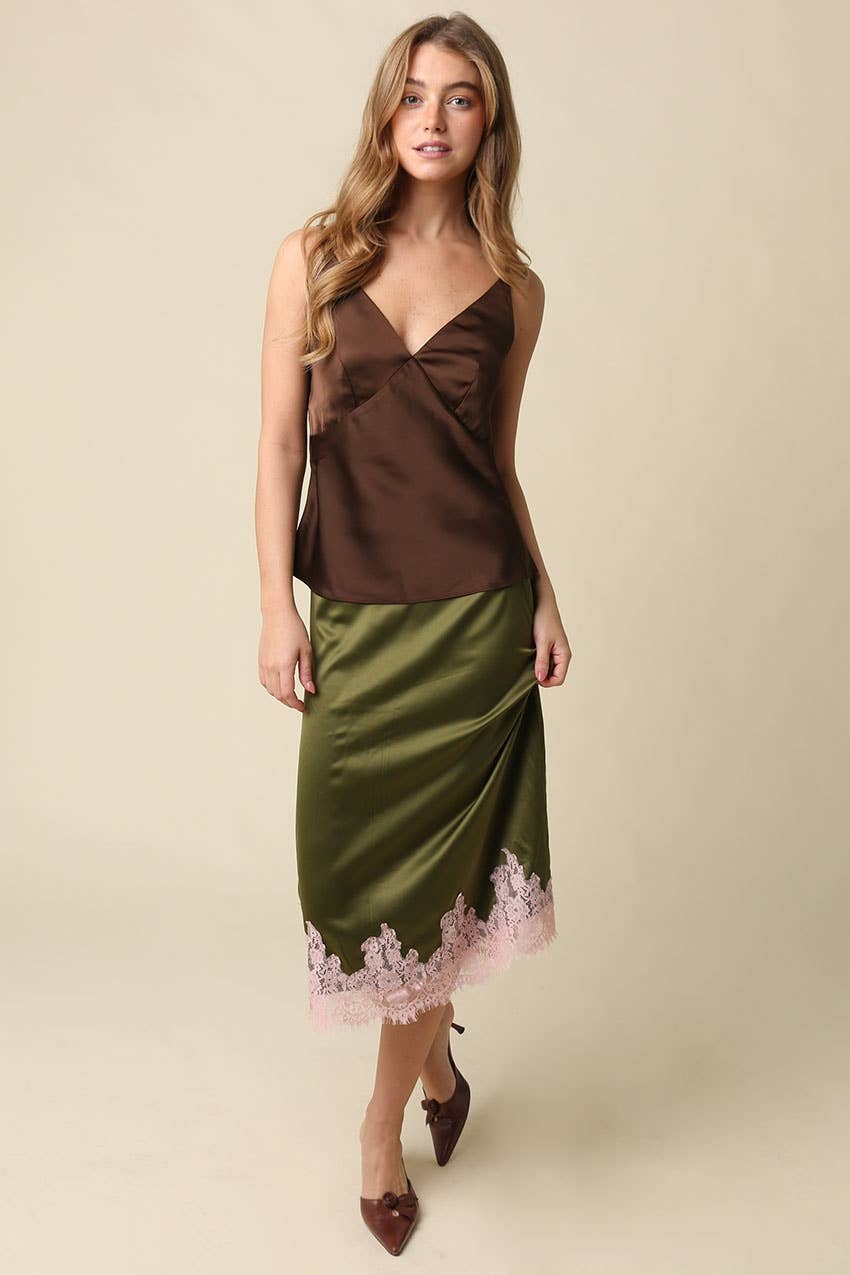 Lois Lace Trim Satin Midi Skirt