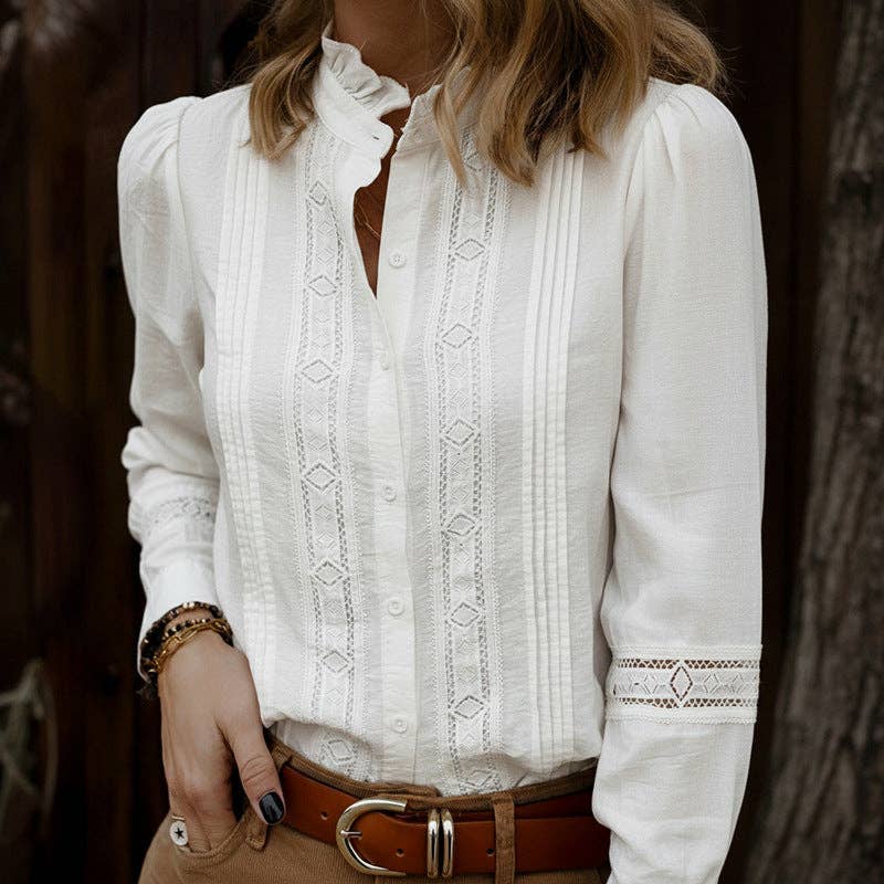 White Ruffle-Trim Stand Collar Blouse