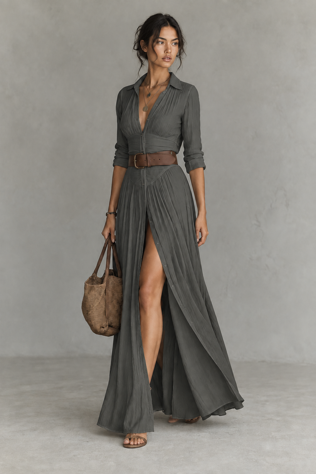 Black Belted V-Neck Maxi Shirt Dress