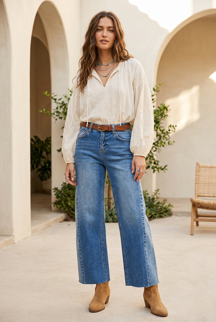 Boho model photo featuring the cropped barrel jeans, an embroidered ivory blouse, and layered jewelry