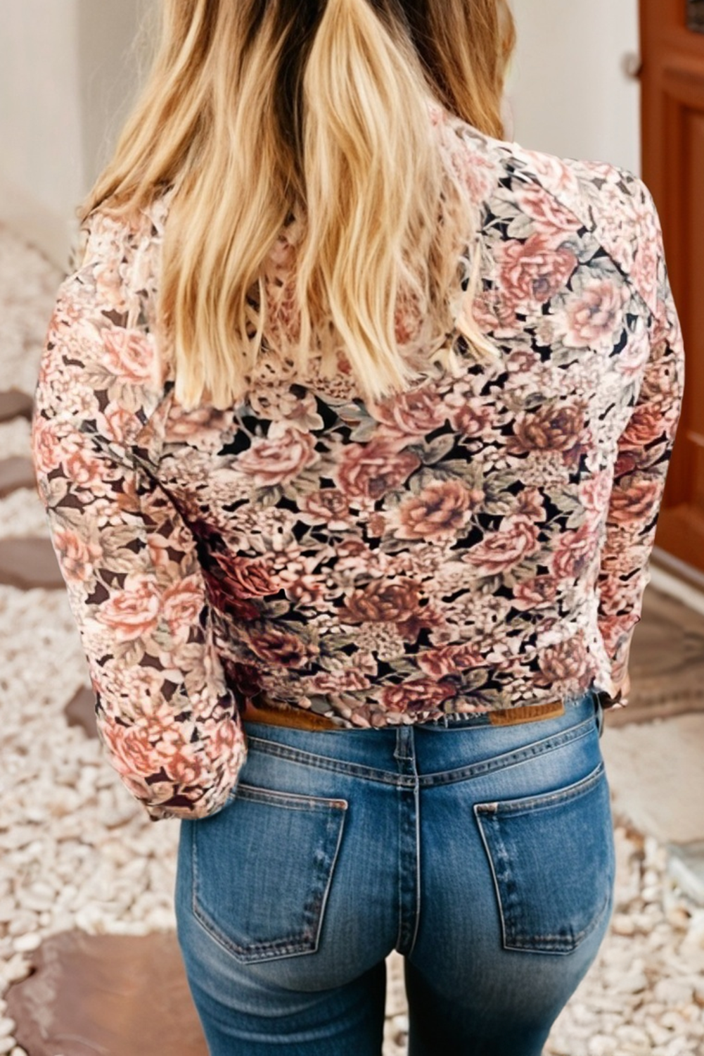 Retro Floral Mock Neck Mesh Long Sleeve Top| S-4X