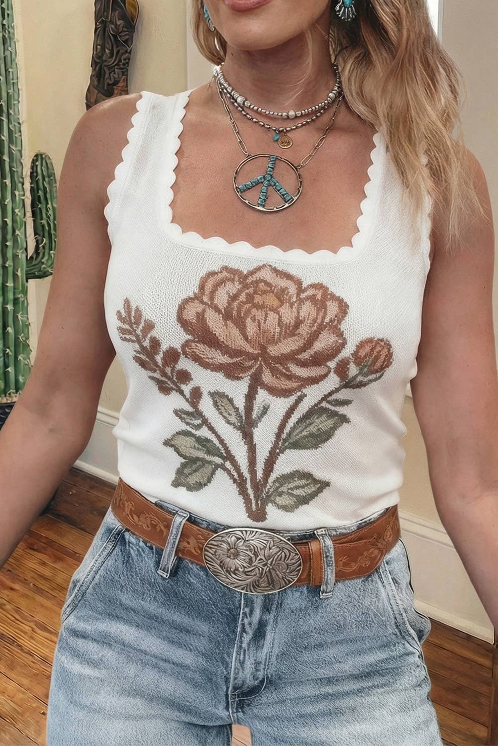66 Floral Western Scalloped Square Neck Sweater Vest (S-4X)