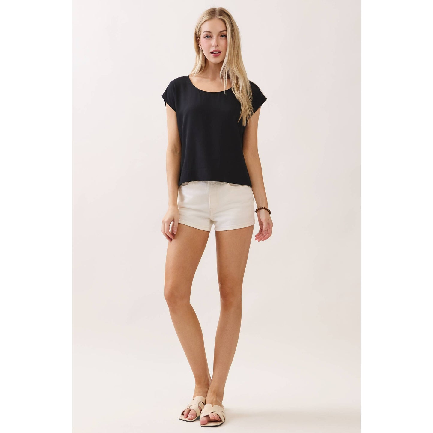 Woven Boxy Top with Extended Sleeve and Round Neck