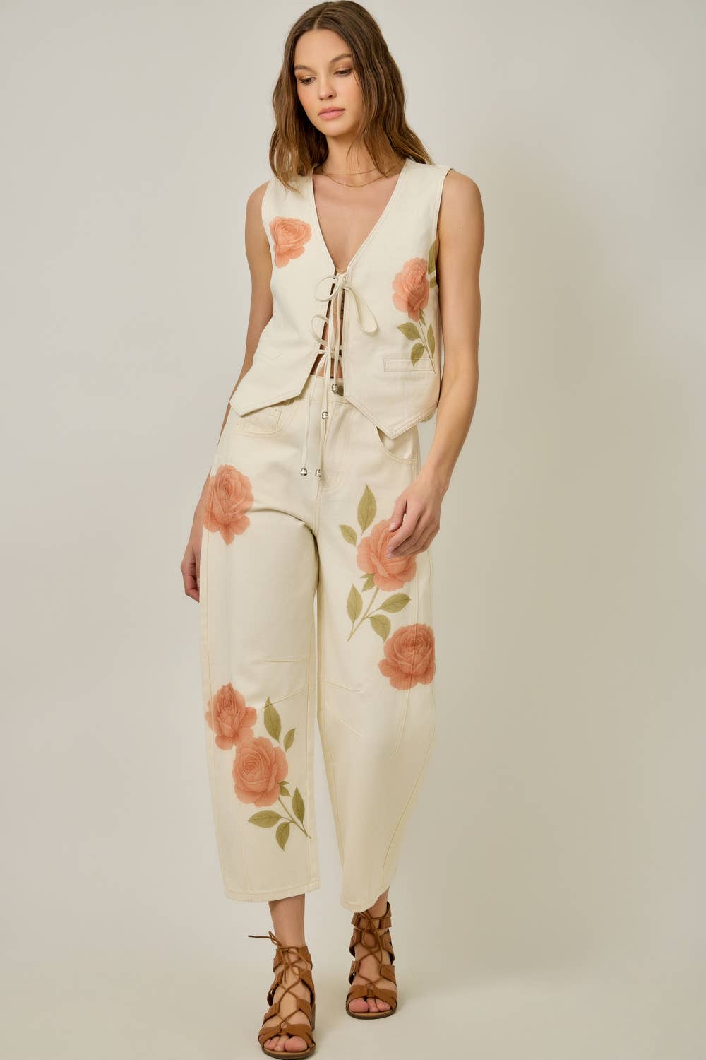 Floral Printed Denim Barrel Jeans