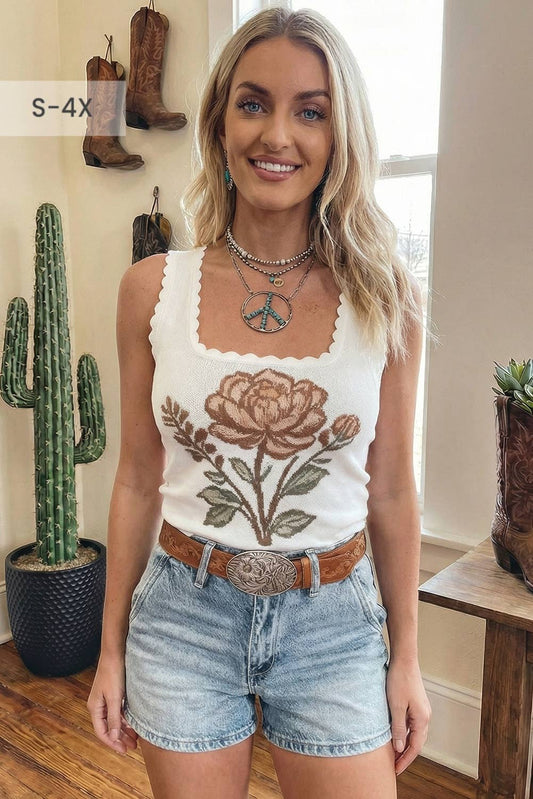 66 Floral Western Scalloped Square Neck Sweater Vest (S-4X)