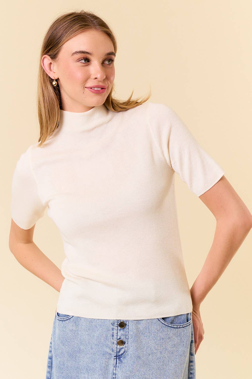 MOCK NECK HALF SLEEVE BASIC SWEATER TOP