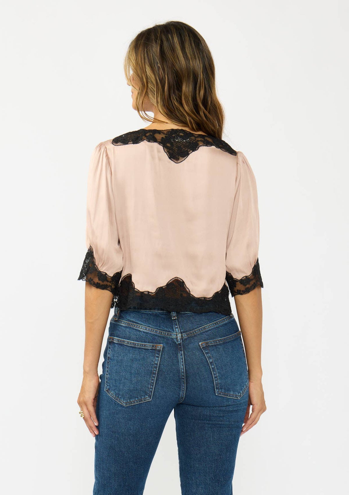 V-Neck Button Front Blouse with Lace Trim