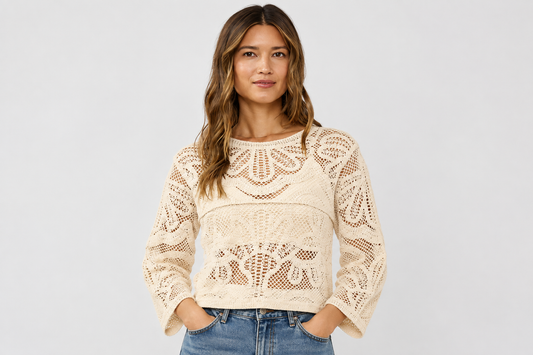 Natural Long Sleeve Crochet Top