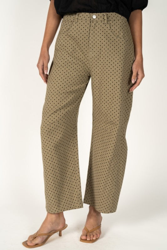Taupe Wide-Leg Polka Dot Barrel Pants