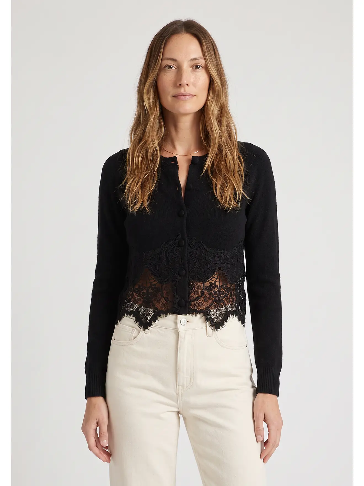 Lace-Trim Button-Front Cardigan