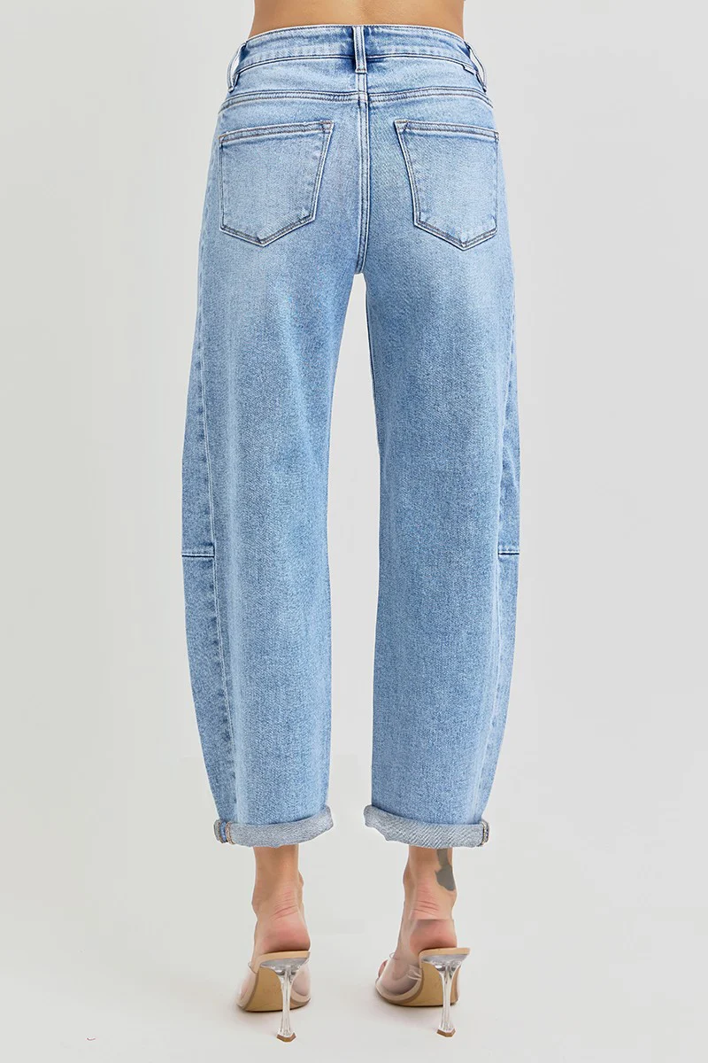 Risen High-Rise Barrel Leg Jeans with Seam Detailing and Adjustable Cuff (25 1/2" Inseam)