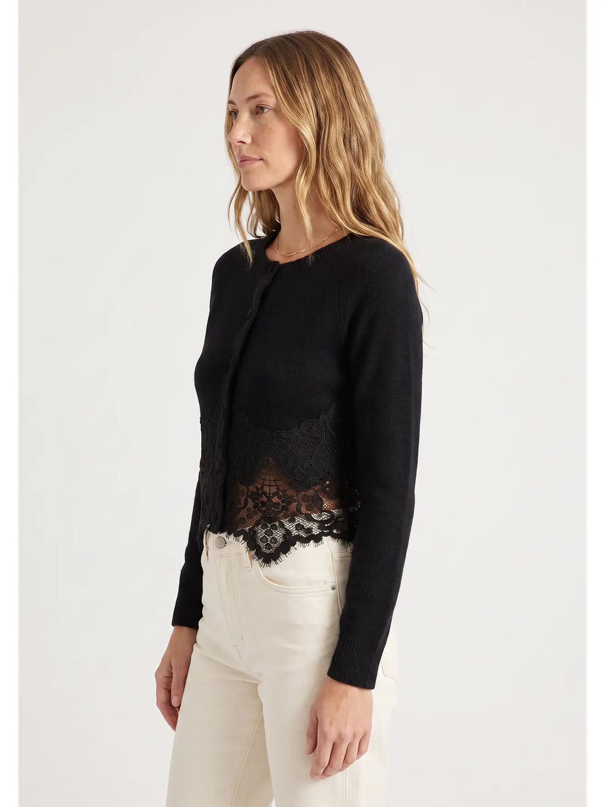 Lace-Trim Button-Front Cardigan