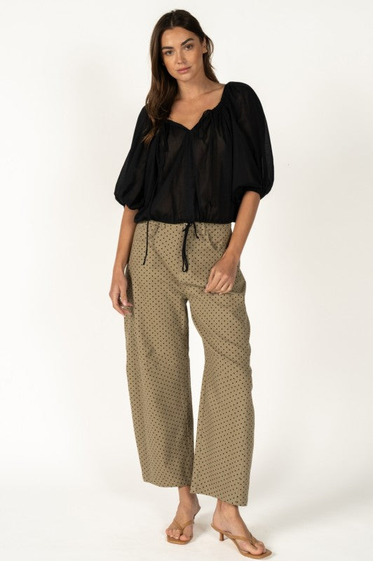 Taupe Wide-Leg Polka Dot Barrel Pants