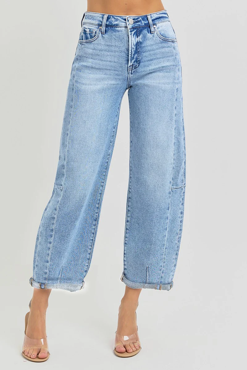 Risen High-Rise Barrel Leg Jeans with Seam Detailing and Adjustable Cuff (25 1/2" Inseam)