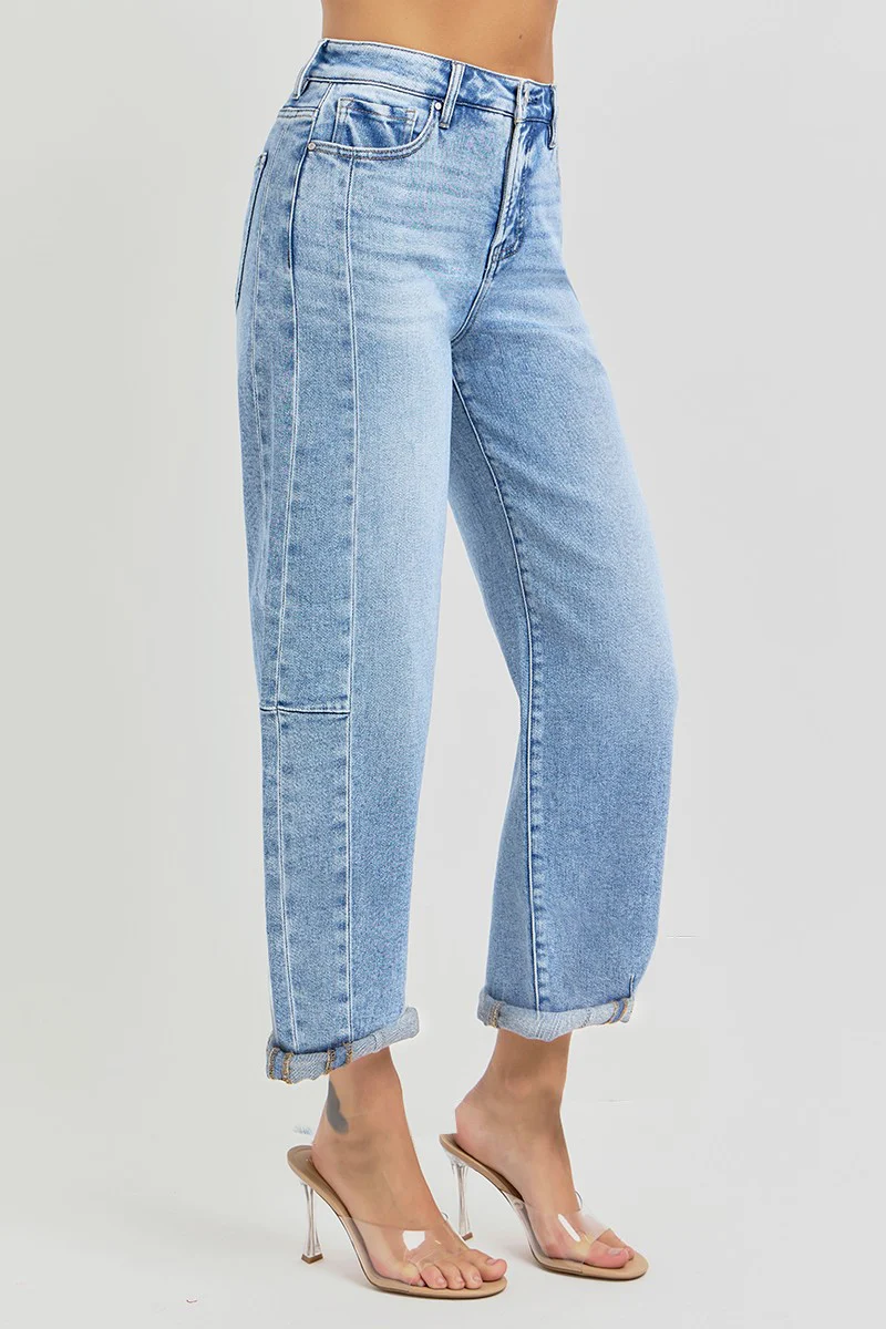 Risen High-Rise Barrel Leg Jeans with Seam Detailing and Adjustable Cuff (25 1/2" Inseam)