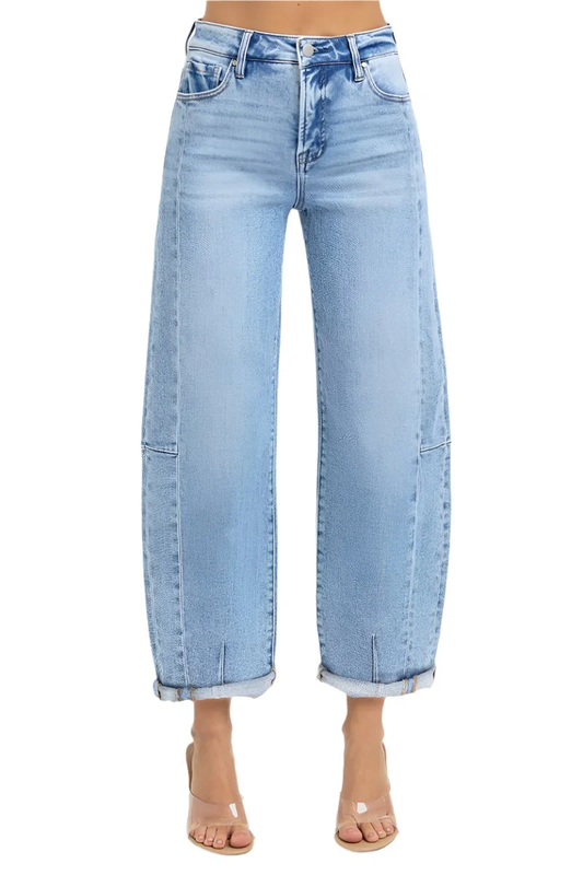 Risen High-Rise Barrel Leg Jeans with Seam Detailing and Adjustable Cuff (25 1/2" Inseam)
