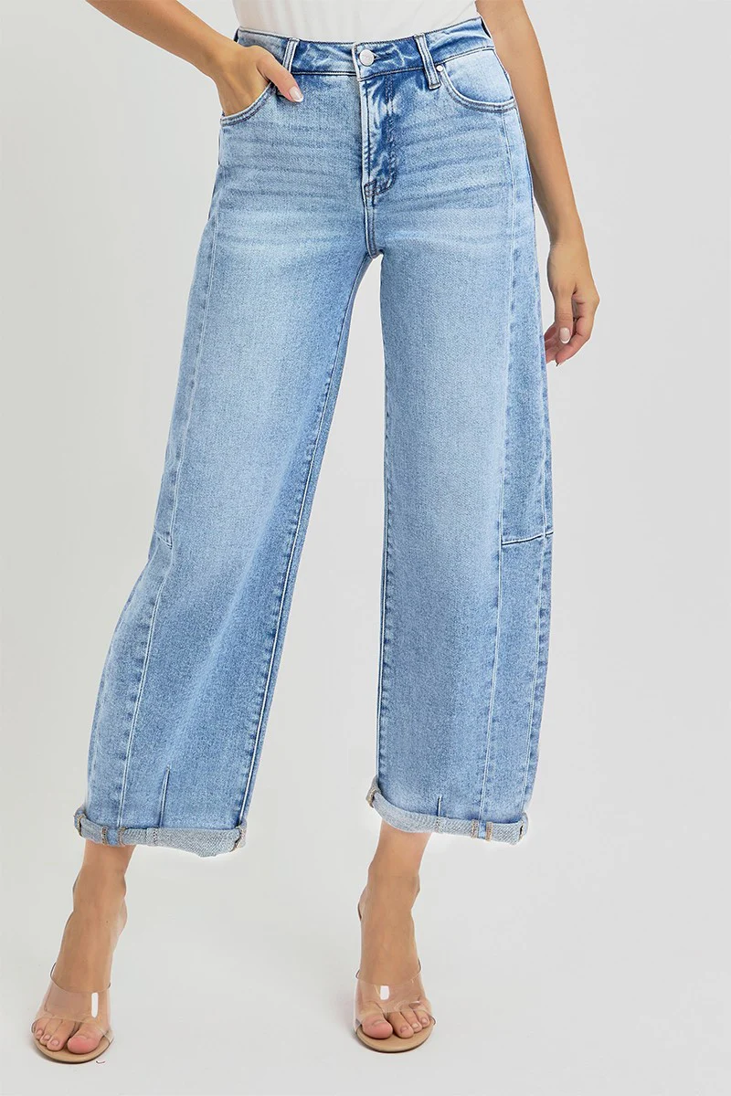 Risen High-Rise Barrel Leg Jeans with Seam Detailing and Adjustable Cuff (25 1/2" Inseam)
