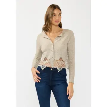 Lace-Trim Button-Front Cardigan